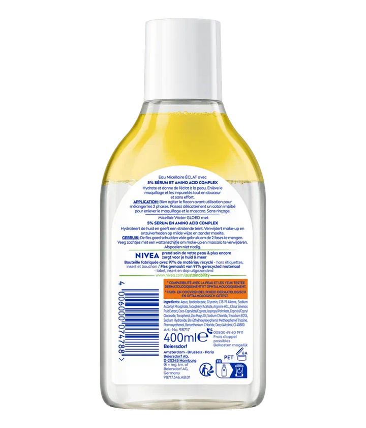 Achterkant van de fles parfumvrije micellair water van Nivea voor Glow