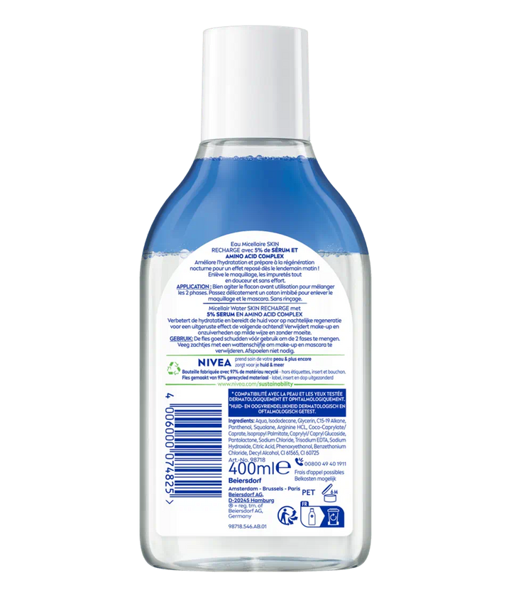 Achterkant van de fles parfumvrije micellair water van Nivea Skin Recharge