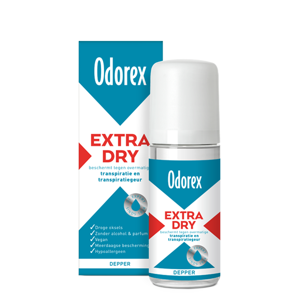 Odorex Extra Dry depper, doelgerichte bescherming tegen transpiratie, parfumvrij en zonder alcohol