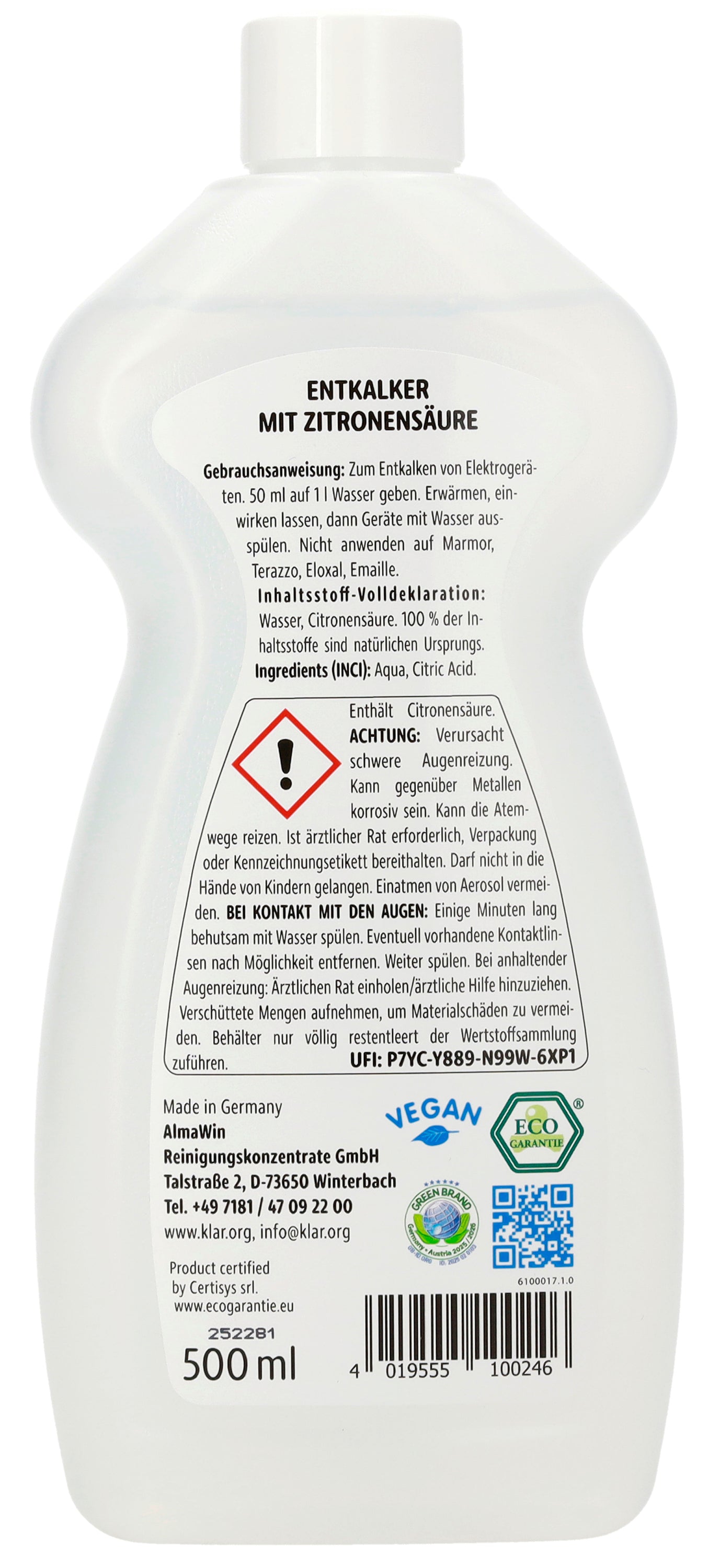Klar Ontkalker met Citroenzuur (0,5 L)