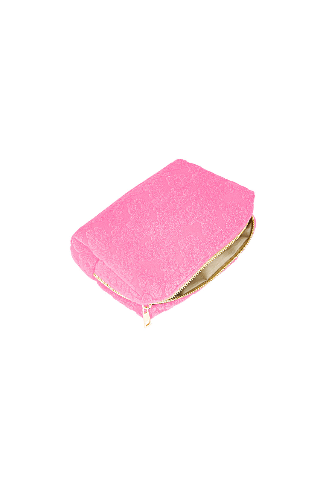 Make up tas van roze teddy stof liggend