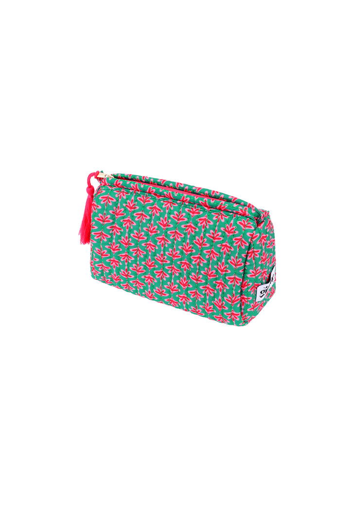 make up tas met blaadjes patroon groen en roze