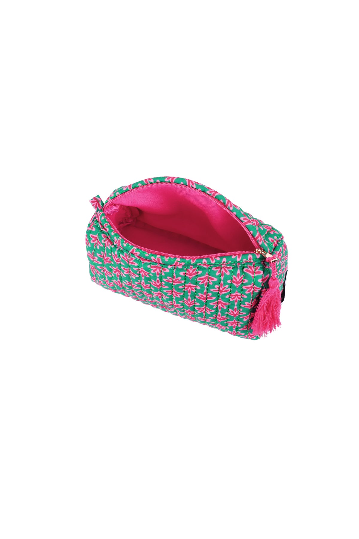 make up tas met blaadjes patroon, groen en roze, open