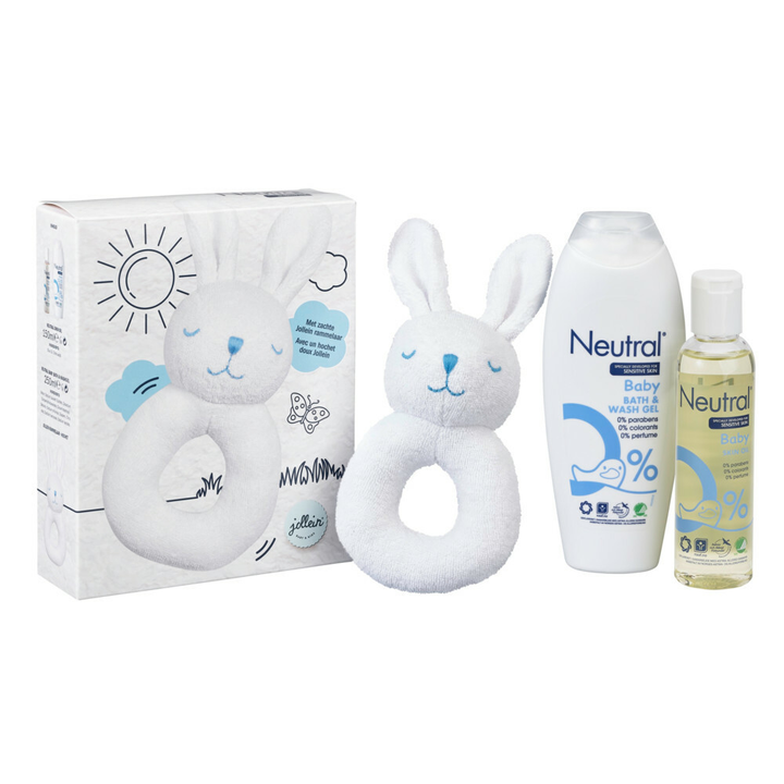 Neutral Geschenkset Baby Bad- en Wasgel 250 ml + Baby Huidolie 250 ml + Jollein Rammelaar (1 SET) Neutral