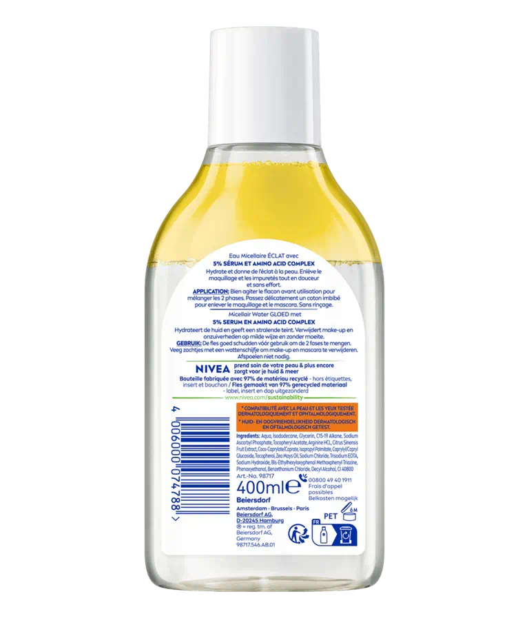 Achterkant van de fles parfumvrije micellair water van Nivea voor Glow