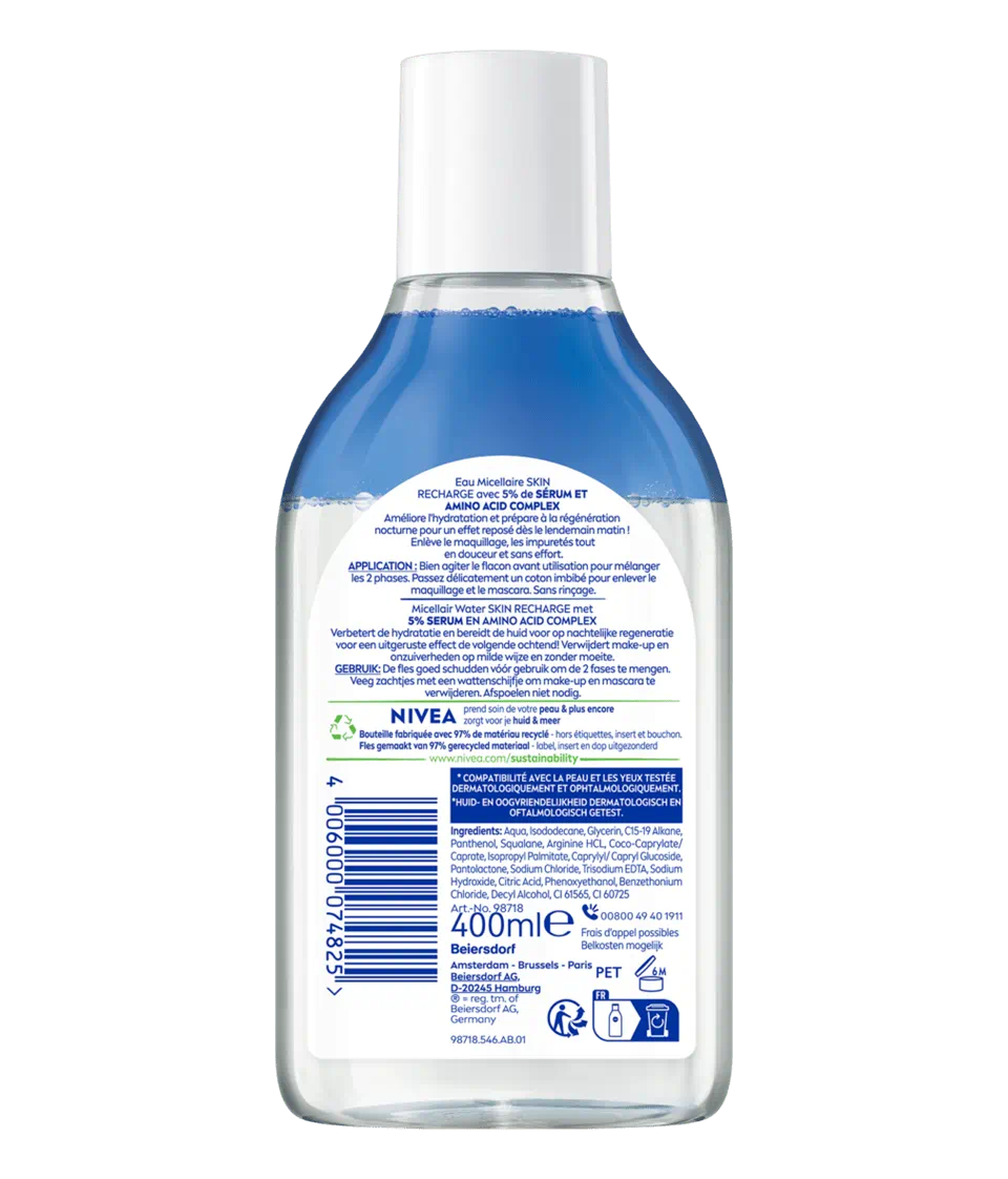 Achterkant van de fles parfumvrije micellair water van Nivea Skin Recharge